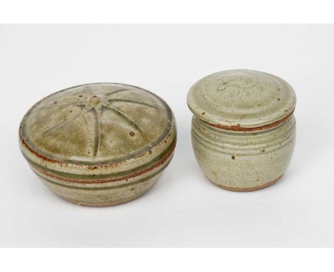 Richard Batterham (1936-2021)a small stoneware box and cover with star top, covered in an ash glaze, and a small stoneware mu