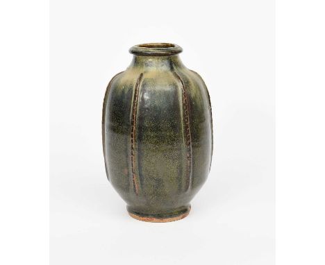 Φ Phil Rogers (1951-2020)a stoneware vase, shouldered form with modelled ribs, covered to the foot in an ash glaze,impressed 