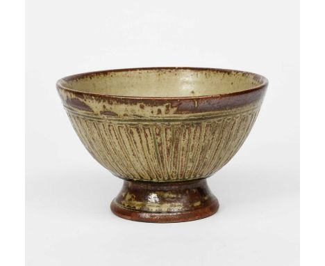 Richard Batterham (1936-2021)a stoneware footed tazza with vertical ribs, covered in an ash glazeunsigned, 21cm. diam.12.5cm.