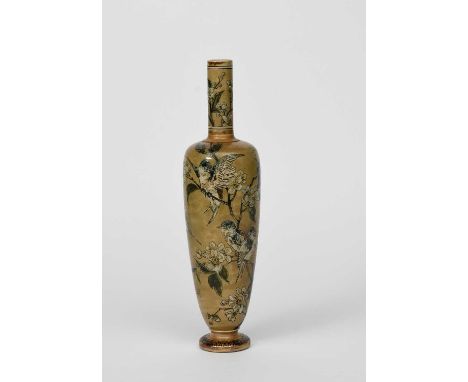 A Martin Brothers stoneware vase by Robert Wallace Martin, dated 1890, slender baluster form with cylindrical neck, painted w