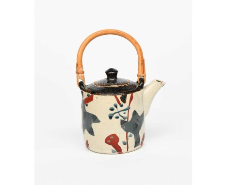 Φ John Maltby (1936-2020)a stoneware teapot and cover, cylindrical form, painted with abstract flower design in colours, with