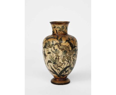 A Martin Brothers stoneware Orchid vase by Robert Wallace Martin, dated 1892, baluster form, incised and painted with orchid 