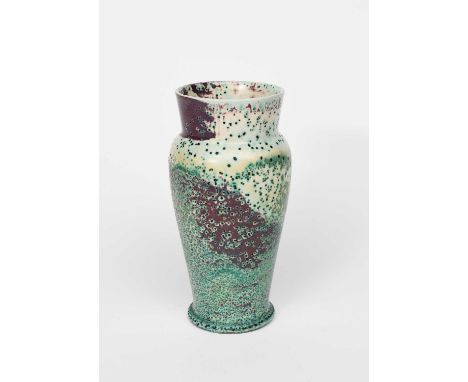 A Ruskin Pottery High-fired stoneware vase by William Howson-Taylor, shouldered, flaring cylindrical form covered in a speckl