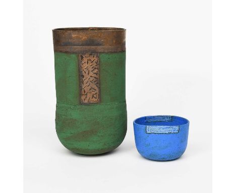 Robin Welch (1936-2019)a stoneware vase, compressed cylindrical form, green glaze with manganese rim and panel, and another s