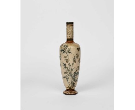 A Martin Brothers stoneware vase by Robert Wallace Martin, dated 1886, slender baluster form with cylindrical neck, painted w