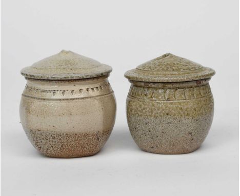 Richard Batterham (1936-2021)a salt-glazed stoneware little square jar and cover, with chatter band, and another similar,unsi