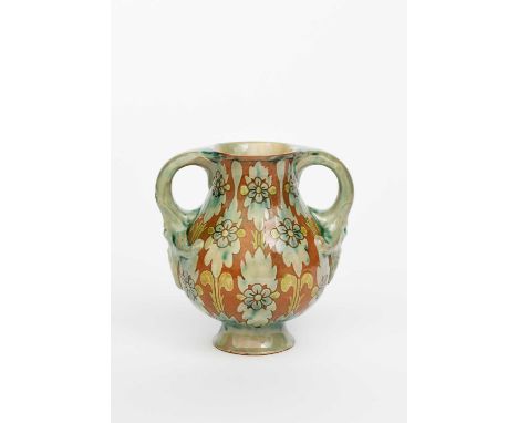 A Della Robbia Pottery twin-handled vase by GEMB, twin-handled form with mask terminals, incised and painted with panels of f