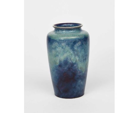 A Ruskin Pottery High-fired stoneware vase by William Howson-Taylor, dated 1909, shouldered form, glazed with running pale bl