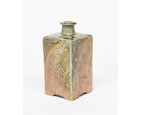 Φ Phil Rogers (1951-2020)a small salt-glazed stoneware bottle, square section, each side incised with grasses, covered in an 