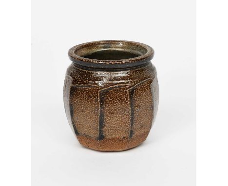 Richard Batterham (1936-2021)a salt-glazed stoneware cut-sided vase, shouldered form with collar rimunsigned, incised 19 to b