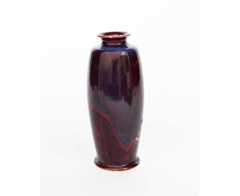 A Ruskin Pottery High-fired stoneware vase by William Howson-Taylor, shouldered cylindrical form, covered in a sang de boeuf 