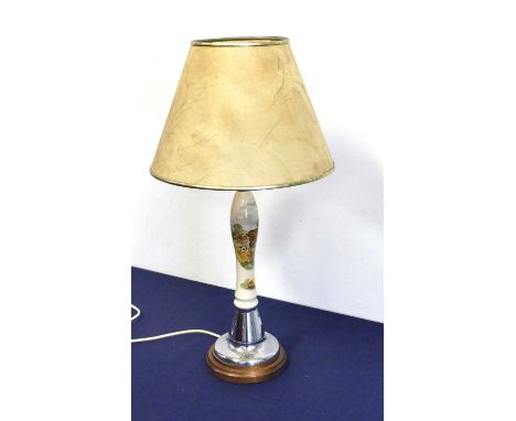 A novelty table lamp in the form of a beertap handle, decorated with a hunting scene, h.57cm (including shade)