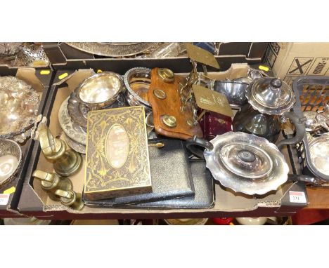 A collection of metalwares to include a set of brass postal scales, silver plated wares and a floral decorated brass box