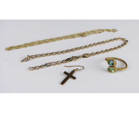 Assorted 9ct gold, to include curblink bracelet (a/f), finelink neck chain (a/f), and a single cross ear pendant, 3.4g; toget