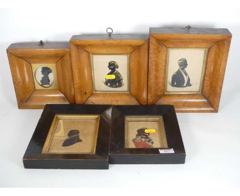 A collecton of five 19th century portrait silhouettesAll with thunderflies under glass.Paper is discoloured and with some ble