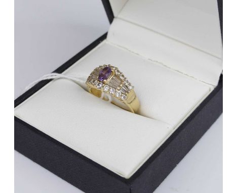 A contemporary 14ct gold, amethyst and cz set dress ring, the band stamped Arcadia, 5.4g, size O