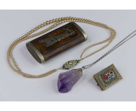 Mixed lot to include treen and white metal inlaid snuff box, faux pearl necklace, amethyst geode pendant, micromosaic brooch 