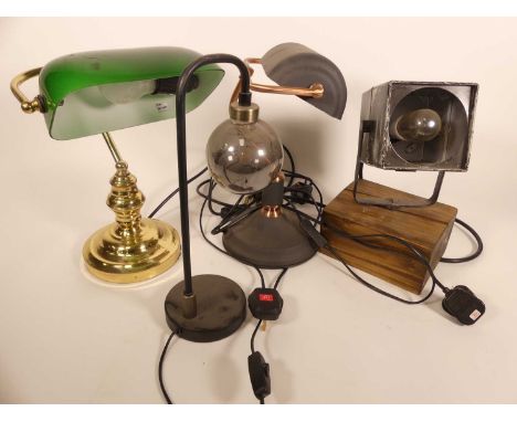 A collection of table lamps, to include a banker's style desk lamp with green glass shade and polished brass base, h.34cm (4)