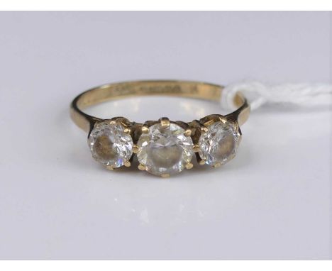 A Victorian style 9ct gold and cz set three-stone ring, 1.9g, size L