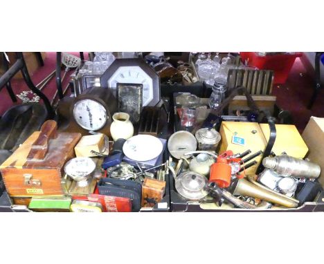A large collection of metalware and other items, to include a silver plated cocktail shaker, a 1920s oak cased mantel clock a