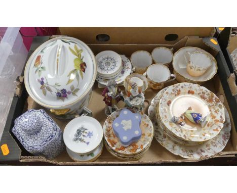 A collection of ceramics, to include a pair of Capo di Monte figures, Royal Worcester coasters, Adams blue and white transfer