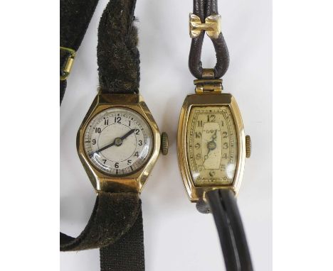 A lady's 9ct gold cased manual wind tank wristwatch, circa 1930s; together with one other lady's 9ct gold cased manual wind w
