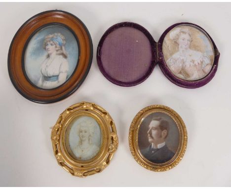 Mid-19th century English school - Bust portrait of maiden wearing a white dress and pearl necklace, miniature watercolour on 