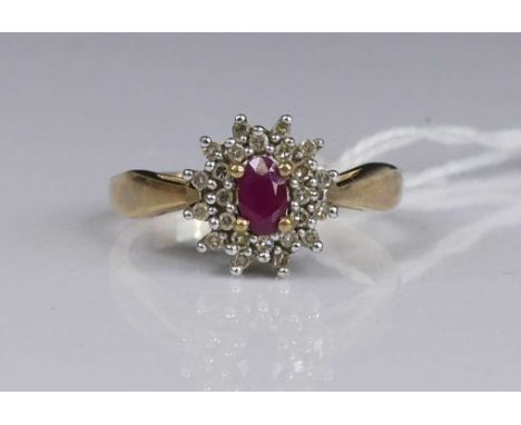 A modern ruby and diamond point set flower-head cluster ring, 3.6g, size N