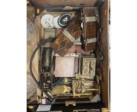 A collection of metalware and other items, to include ornate pierced brass table casket, fire tools, novelty children's coat 