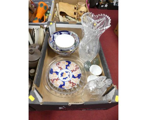 A collection of ceramics and glassware, to include a Japanese imari lobed dish, cut glass vase, 19th century cut glass decant