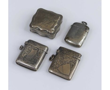 Three engraved silver pocket vesta cases; together with an engraved silver pocket snuff box (4)