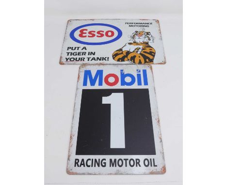 Two tin advertising signs, one for Esso, one for Mobil One, each 30x20cm