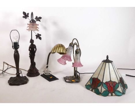 An Art Nouveau style composite figural table lamp, h.65cm; together with three other table lamps (4)