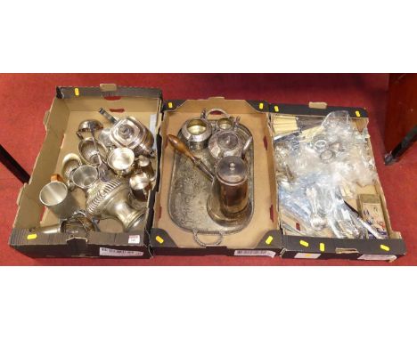 Three boxes of silver plated wares to include a tea and coffee service and flatwares