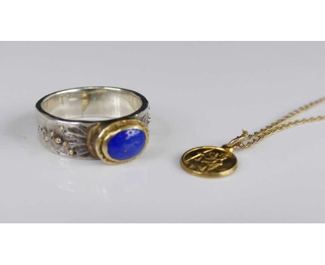 A contemporary Arts &amp; Crafts silver and lapis lazuli set ring, sponsor SMAC, size P; a 9ct gold finelink neck chain with 