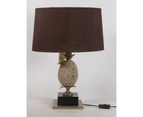 A contemporary table lamp in the form of a metal mounted ostrich egg, h.57cm including shade