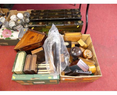 A collection of treen, to include table boxes, vase stands, and candlesticks; together with a contemporary wooden trunk paint