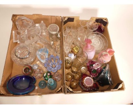 A collection of glassware, to include Orrefors petal shaped bowls, Scandinavian frosted glass paperweights, a pair of Victori