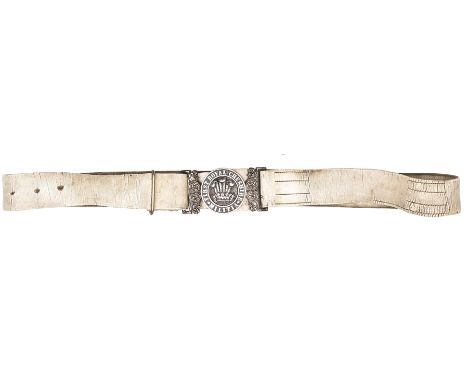 An officer’s white PL waistbelt of the First Royal Cheshire Militia, silver plated WBC bearing POW’s feathers within title ci