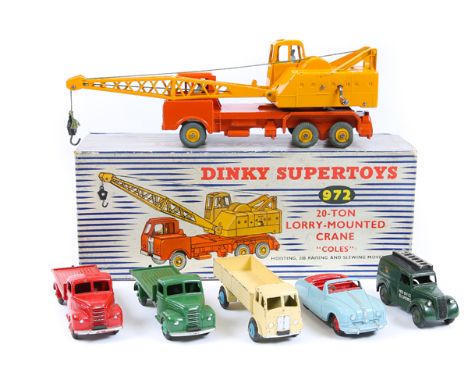 6 Dinky Toys. 20-Ton Lorry Mounted Crane “Coles” (972) in orange and yellow livery, boxed, with packing. Plus 2x Fordson flat