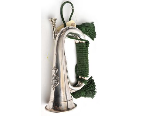 A silver plated presentation bugle to The Welch Regt, bearing applied ERII glengarry style badge of Union spray within crowne