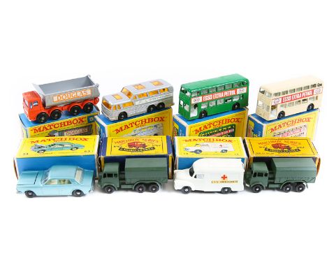 8 Matchbox Series. No14 Lomas Ambulance. No 51 8-wheel Tipper ‘Douglas’. No 53 Ford Zodiac Mk 1V in light metallic green. 2 x