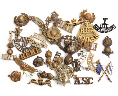 14 shoulder titles, including R.I.R. D/ grenade/ F, RDF, T/ RGA/ Welsh (2), T/4/ grenade/ RWF, Y/ Cheshire, T/ OTC/ Inns of C