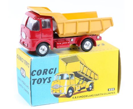Corgi Toys E.R.F. Model 64G Earth Dumper (458). In red with yellow rear tipping body, example with dished spun wheels. Boxed.