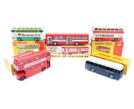 5 Dinky Buses/Coaches. A Single Decker Bus (283) example in bright red “Red Arrow” livery. Plus a BOAC coach (283) in dark bl
