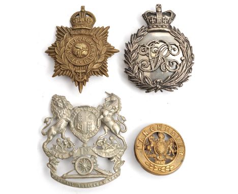 A Vic officer’s silver plated pouch belt badge, VR cypher in crowned laurel/palm wreath, with backing plate and 3 facetted lo
