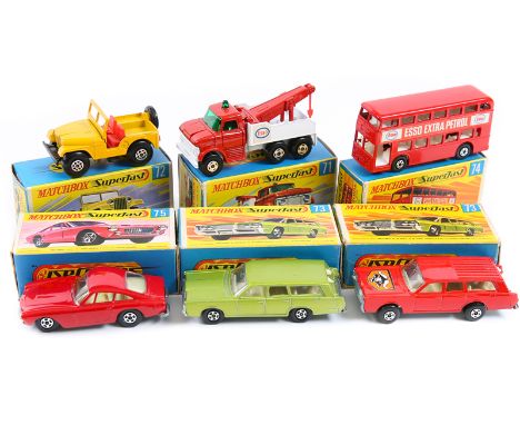 6 Matchbox Superfast. No71 Wreck Truck in red and white ‘ESSO’ livery, with green windows. No72 Standard Jeep in yellow with 