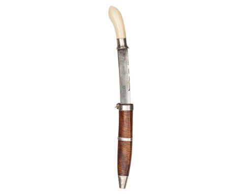 A  19th century Burmese dagger dha, very slightly down curved blade 6½”, DB at point, broad back edge, inlaid with silver and