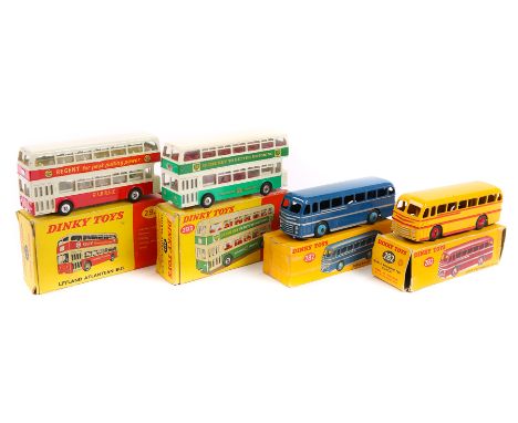 4 Dinky Coaches/Buses. 2x Duple Roadmaster Coach (282) an example in yellow with red flashes and wheels, plus another in dark