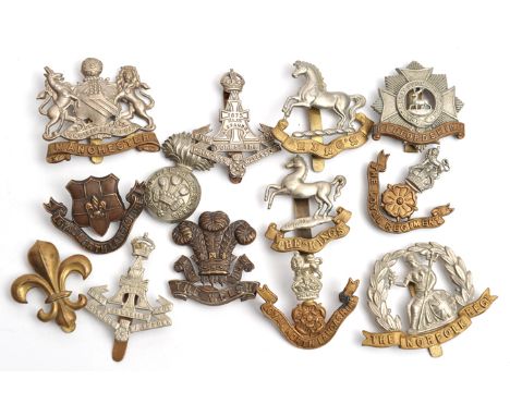 11 infantry cap badges: Kings Roman & Gothic title, Norfolk 1st patt, Bedford, P Alexandra’s crown and coronet, R W Fus WM (s